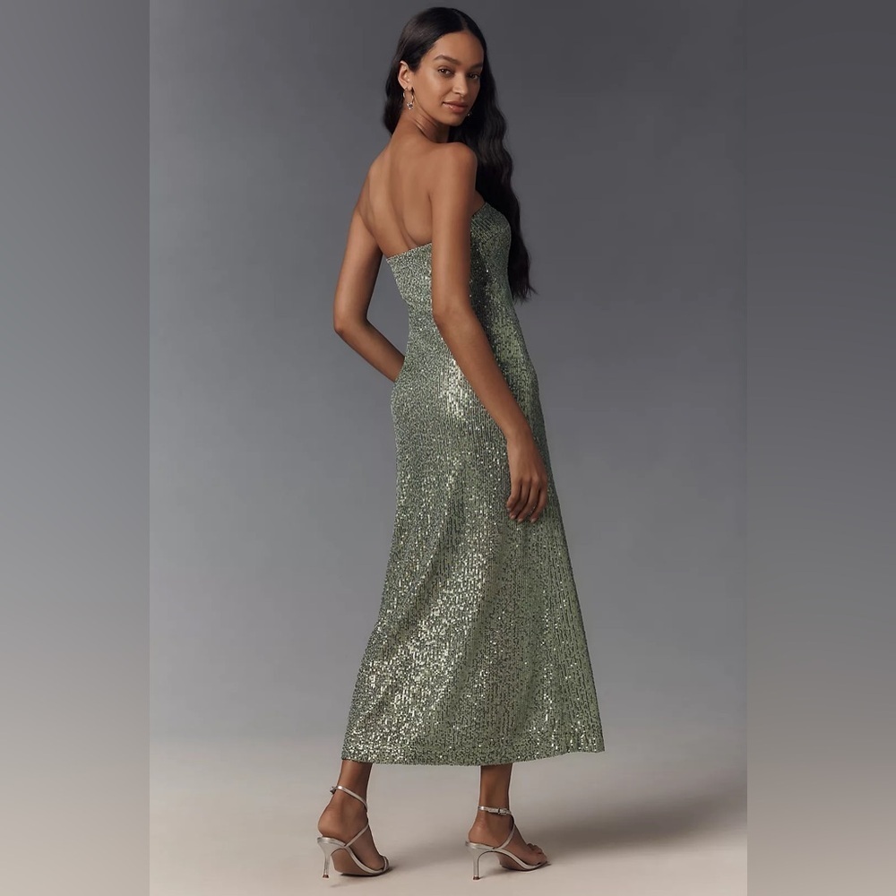 NWT!Anthro Moss Green The Fleur Strapless Satin Maxi Slip Dress: Sequin Edition🏆 - Picture 4 of 10